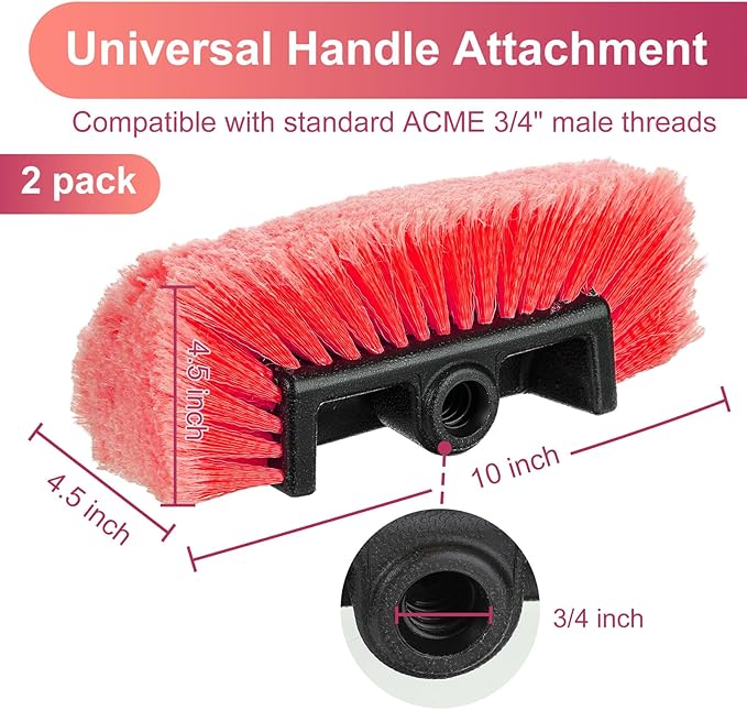 Tanlade 2 Pcs Car Wash Brush Head with Soft Detailing Bristle Flow Through Car Cleaning Brush Exterior Wash Equipment for Auto Truck RV Boat Camper(10 Inch,Red)