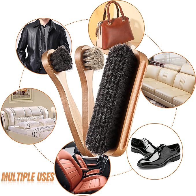 4 Pcs Horsehair Shine Shoes Brush Kit Polish Dauber Applicators Cleaning Leather Shoes Boots Care Brushes Suede Cleaner Brush with Microfiber Shoe Cloth(4 Pcs Style B)