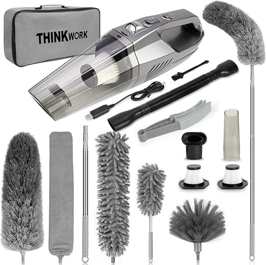 THINKWORK Microfiber Duster for Cleaning Car Cleaning Kit, Car Interior Detailing Kit with High Power Handheld Vacuum Cordless, Ceiling & Fan Duster for Home Cleaning