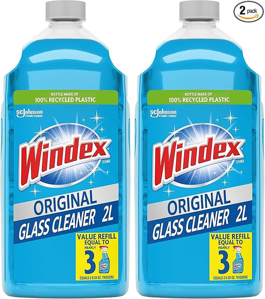 Windex Glass Cleaner Spray Refill, Original Blue Window Cleaner Works on Smudges and Fingerprints, Bottle Made from 100% Recovered Coastal Plastic, 2L (Pack of 2)