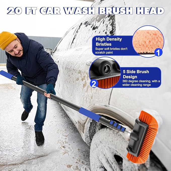 26Ft Reach Car Wash Kit with 5-20FT Telescopic Extension Pole, Car Wash Brush with Long Handle, Wheel Tire Brush, Car Wash Mop, Mitt, Squeegee for Cleaning Car, SUV, RV, Boats, Solar Panels