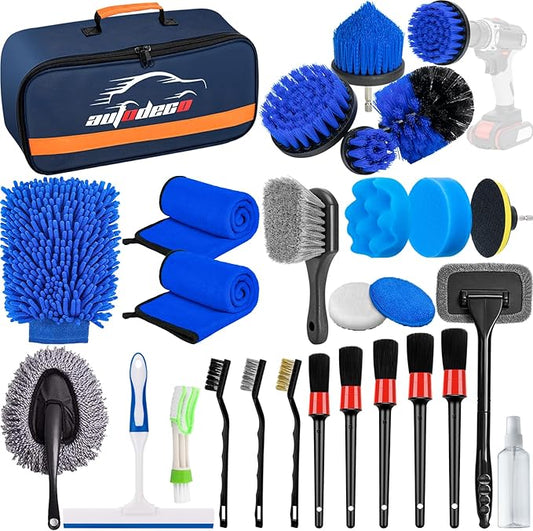 AUTODECO 27Pcs Car Detailing Brush Set, Car Detailing Kit, Auto Detailing Drill Brush Set, Car Detailing Brushes, Car Wash Cleaning Tools Kit for Interior, Exterior, Wheels, Blue