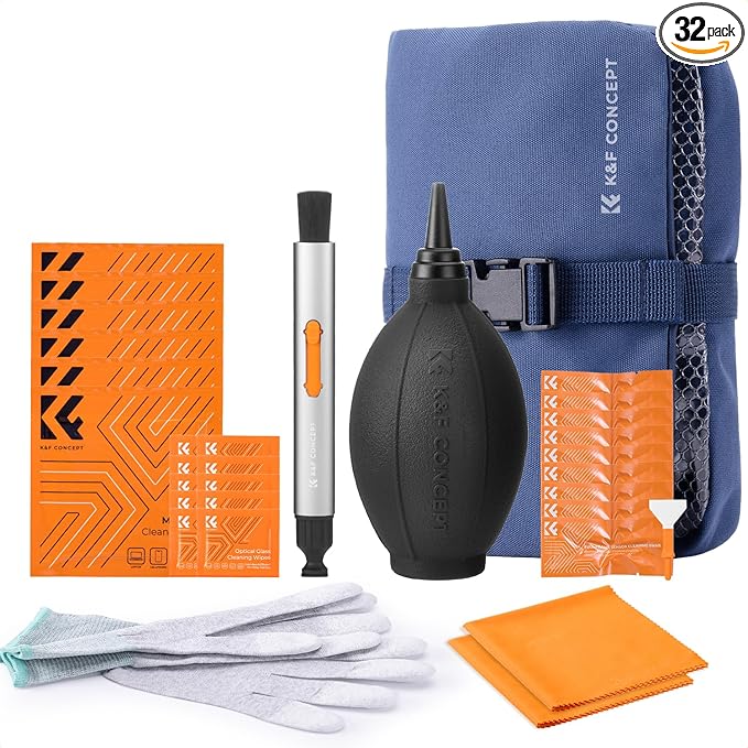 K&F CONCEPT 32-in-1 Camera Lens Cleaning Kit for DSLR Camera Lens Filter with Cleaning Pen+Air Blower+Cleaning Cloth*2+Full-Frame Swab*10+Cleaning Wipes*10+Vacuum Cleaning Cloth*6+Anti-Static Gloves