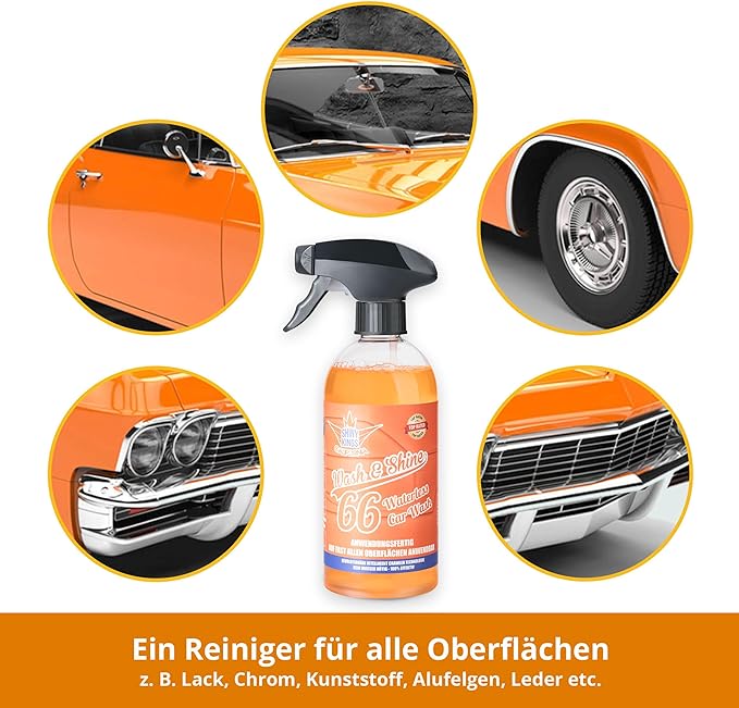 Shinykings Wash&Shine 66 WATERLESS Car Wash | Ultra Car Shine Effect | Powerful Car Soap for All Surfaces | Scratch-Free Car Cleaner | 16.9 fl.oz.