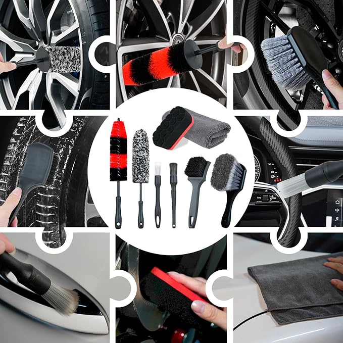 9Pcs Car Wheel Detailing Brush Kit – Scratch-Free Rim & Tire Cleaner Brushes with Tire Shine Pad, Microfiber Towel & Bag – Heavy-Duty Auto Detailing Tools for Cars, Trucks, RVs & Motorcycles
