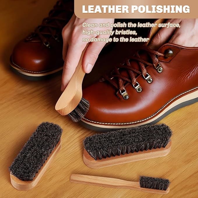 4 Pcs Horsehair Shine Shoes Brush Kit Polish Dauber Applicators Cleaning Leather Shoes Boots Care Brushes Suede Cleaner Brush with Microfiber Shoe Cloth(Wooden Style A)