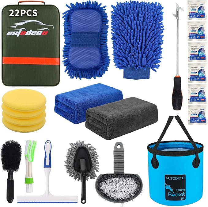 AUTODECO 22Pcs Car Wash Cleaning Tools Kit Car Detailing Set with Olive Green Canvas Bag Collapsible Bucket Wash Mitt Sponge Towels Tire Brush Window Scraper Duster Complete Interior Car Care Kit