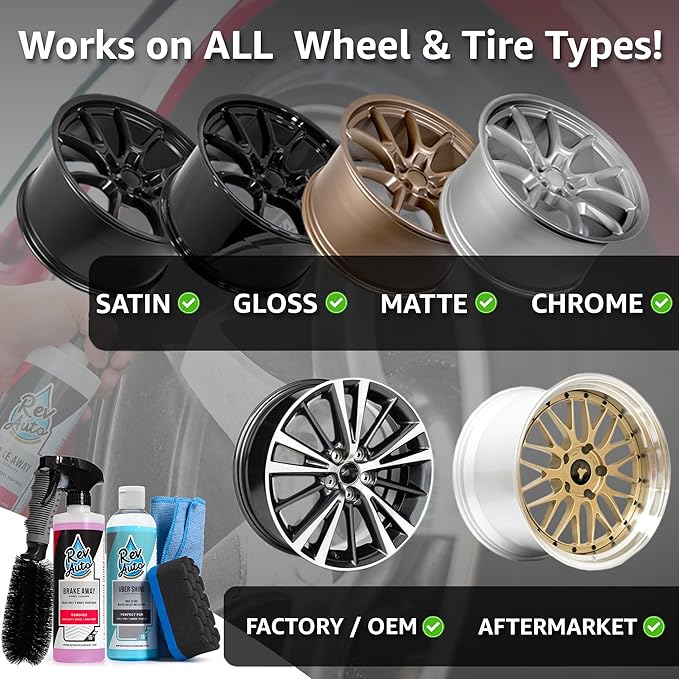 Rev Auto Complete Wheel and Tire Cleaner Kit - Removes Brake Dust & Adds Shine to Tires | Safe for OEM & Aftermarket | Includes Rim Cleaner, Detail Brush, Tire Shine, Applicator Pad, Towel (5-Piece)