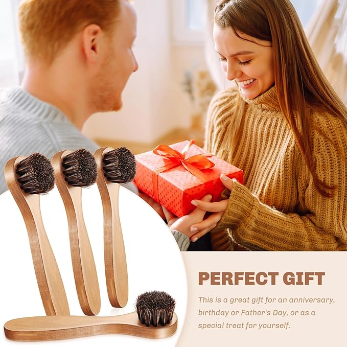 4 Pcs Horsehair Shine Shoes Brush Kit Polish Dauber Applicators Cleaning Leather Shoes Boots Care Brushes Suede Cleaner Brush with Microfiber Shoe Cloth(Wooden Handle A)