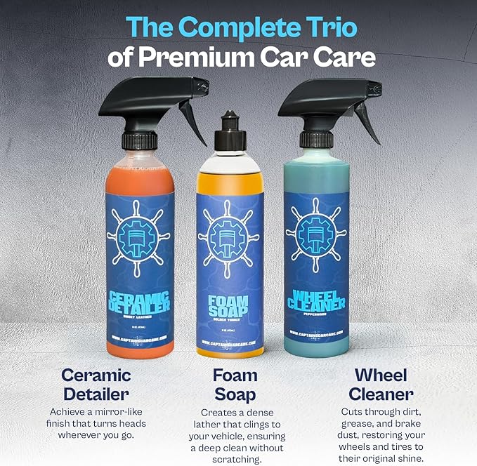 Captain's Car Care Exterior Cleaning Trio Kit, Foam Soap, Ultra HD Wheel Cleaner, 6 Month Ceramic Protection Spray, 3-Step Car Care System, Premium Scented Formulas, for Cleaning and Protection.