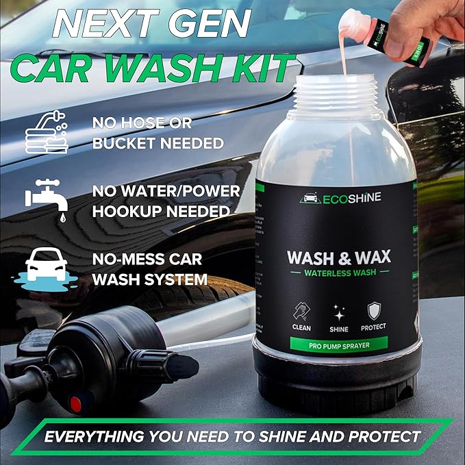 Waterless Car Wash Kit | Super Concentrated Rinseless Wash And Wax Car Wash Formula With Non Foaming Pump Sprayer For Fast Car Detailing | Makes 1 Gal Of Ready To Use Waterless Wash And Wax