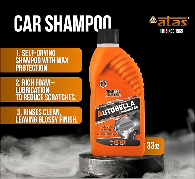 AUTOBELLA Wash & Wax Car Shampoo (33.8 fl oz) – 100:1 Concentrated Foaming Car Wash Soap with Polish, Neutral pH Car Cleaner, Made in Italy