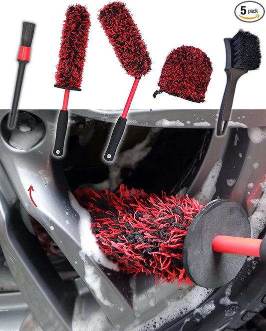 Metal Free Microfiber Wheel Brush Kit- Microfiber Angled Wheel Brush, Long Handle Wheel Brush, Tire& Detailing Brush, Wheel Wash Mitt. Hands-On Wheel Detailing Kit for Daily Wheel Cleaning