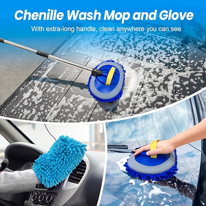 65'' Five-Sided Car Wash Brush with Long Handle, Scratch-Free Car Cleaning Kit with Soft Wash Brush, Tire Brush, Window Squeegee, Car Wash Mitt, Microfiber Cleaning Head & Extension Pole