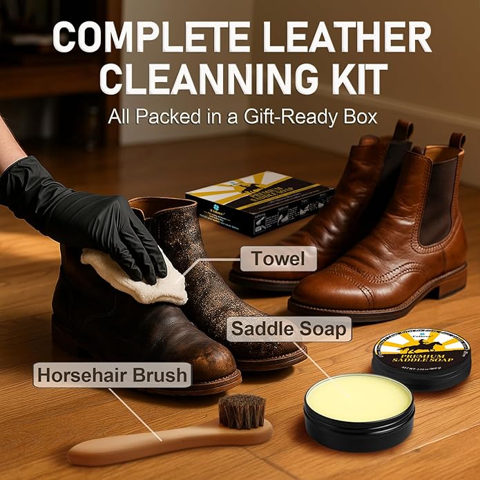 Saddle Soap for Leather – All-Natural 3-in-1 Leather Cleaner & Conditioner Kit with Horsehair Brush & Cloth – For Boots, Bags, Saddles, Car Interiors, Shoes 3.52oz