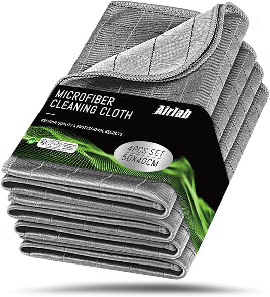 Airlab Carbon Microfiber Towels for Car Drying Window Glass Cleaner Magic Cleaning Cloth Auto Detailing Car Wipes Lint Free Rags Large Towel Interior Detailer, Pack of 4, 20" x 16", Grey