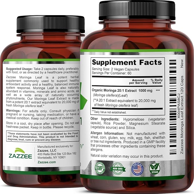 Zazzee Organic Moringa 20:1 Extract, 20,000 mg Strength, 120 Vegan Capsules, 100% Pure Oleifera Leaf Superfood, Concentrated and Standardized 20X Extract, All-Natural, Non-GMO, Made in The USA