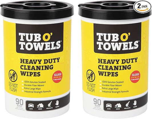 Tub O' Towels Heavy-Duty Multi-Surface Cleaning Wipes, 10" x 12", 90 Count Canister, Removes Grease, Grime, Tough Stains, Durable Disposable Wipes for Home, Garage, Outdoor Cleaning Tasks, 2-Pack