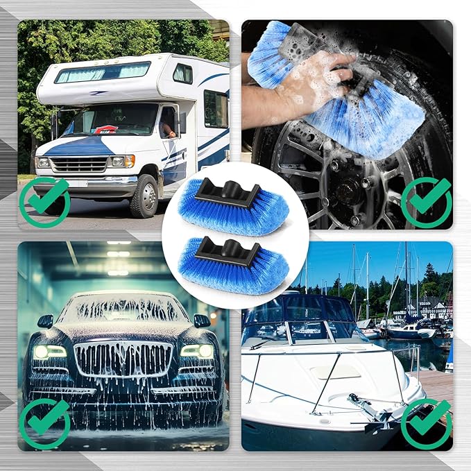 Vesici 2 Pcs 10 Inch Car Wash Brush Head with Soft Detailing Bristle Flow Through Car Cleaning Brush with 1 Pcs Stiff Bristle Wheel Brushes for Motorboat Rv Facades of Houses Wheel Carpet (Blue)