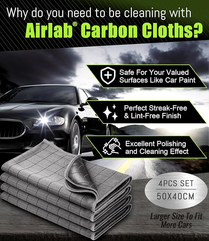 Airlab Carbon Microfiber Towels for Car Drying Window Glass Cleaner Magic Cleaning Cloth Auto Detailing Car Wipes Lint Free Rags Large Towel Interior Detailer, Pack of 4, 20" x 16", Grey