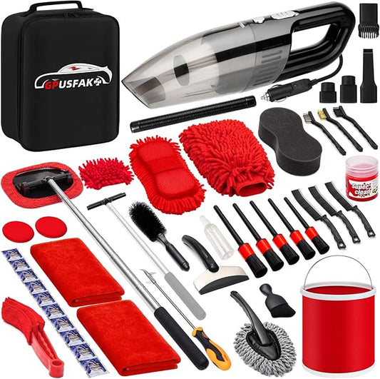 47Pcs Car Wash Cleaning Kit with High Power Handheld Vacuum Windshield Cleaning Tool with Side Mirror Squeegee Bucket Detailing Brushes Tire Brush Towels Complete Detailing Set for Car