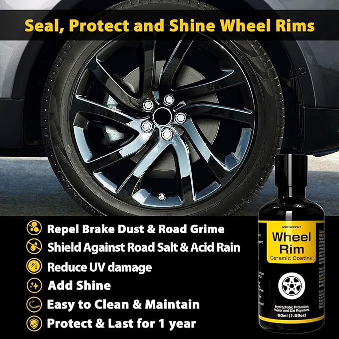 NADAMOO Wheel Rim Ceramic Coating 50ml，Hydrophobic Protection Gloss Finish Water and Dirt Repellent for Car Wheel - Self Cleaning - Repels Brake Dust - Deeper Shine
