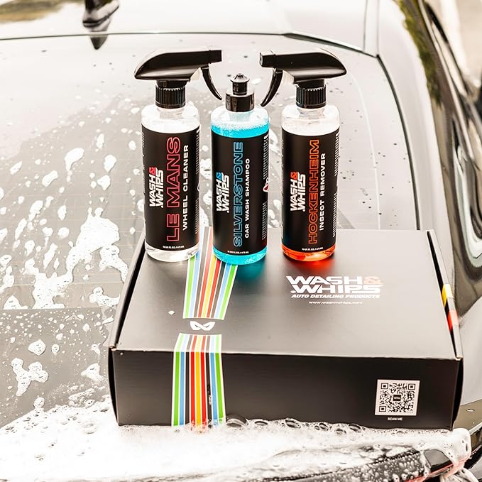 WASH&WHIPS Ultimate Exterior Car WASH Kit – Silverstone Shampoo, Hockenheim Bug Remover, Le Mans Wheel Cleaner – Professional-Grade Shine, Easy to Use, Safe for All Surfaces (Step 1)