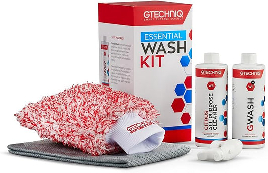 Gtechniq Essential Car Wash Kit, 4-Piece | Includes Car Shampoo, All-Purpose Cleaner, Microfiber Wash Mitt and Microfiber Towel, Cleans Stubborn Dirt and Grime, Gentle on Coatings and Waxes