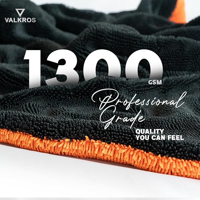X- Large Car Drying Towel, 36x24 Microfiber Towels for Cars, 1300 GSM, 70/30 Blend, Dual-Sided Highly Absorbent Twisted-Loop Edgeless Car Detailing Cloth, Scratch/Streak-Free [Orange/Black]