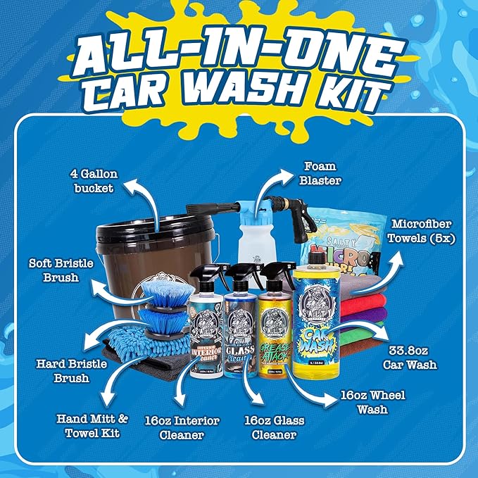 Salty Captain Ultimate 15-Piece Car Cleaning Kit – Car Wash Kit with 15L Bucket, Hand Mitt Towels, Brushes & 4x Cleaning Fluids – Includes Foam Blaster Gun – Premium Quality & Easy to Use
