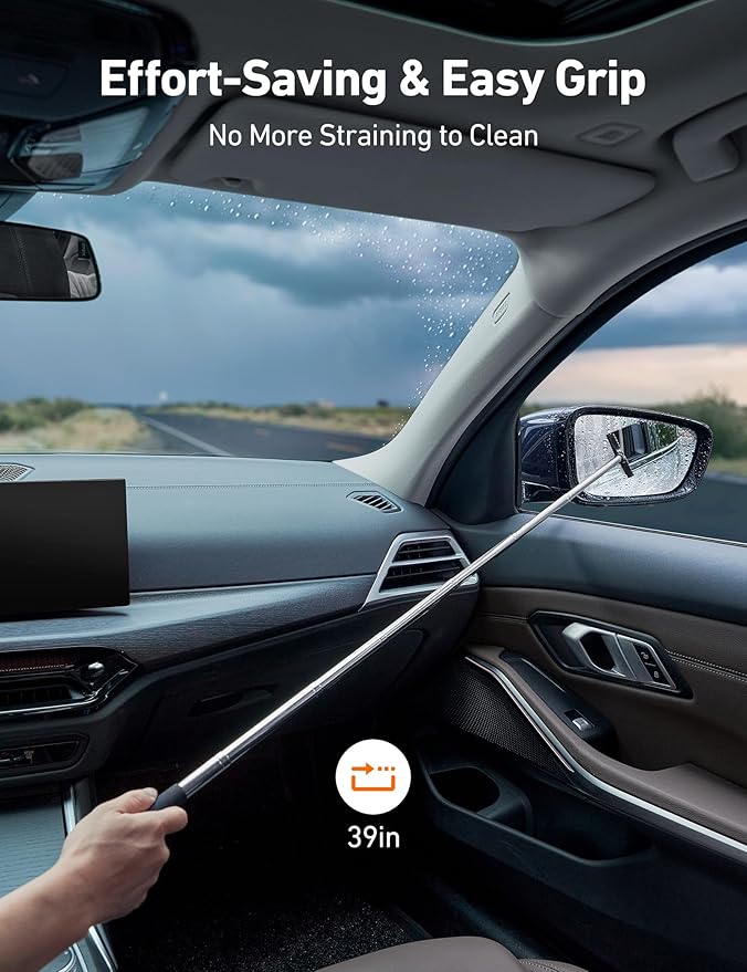 AstroAI Car Windshield Cleaner Tool, Window Cleaning Kit with 39in Car Mirror Squeegee, 4 Reusable Microfiber Pads and Extendable Handle, Gray