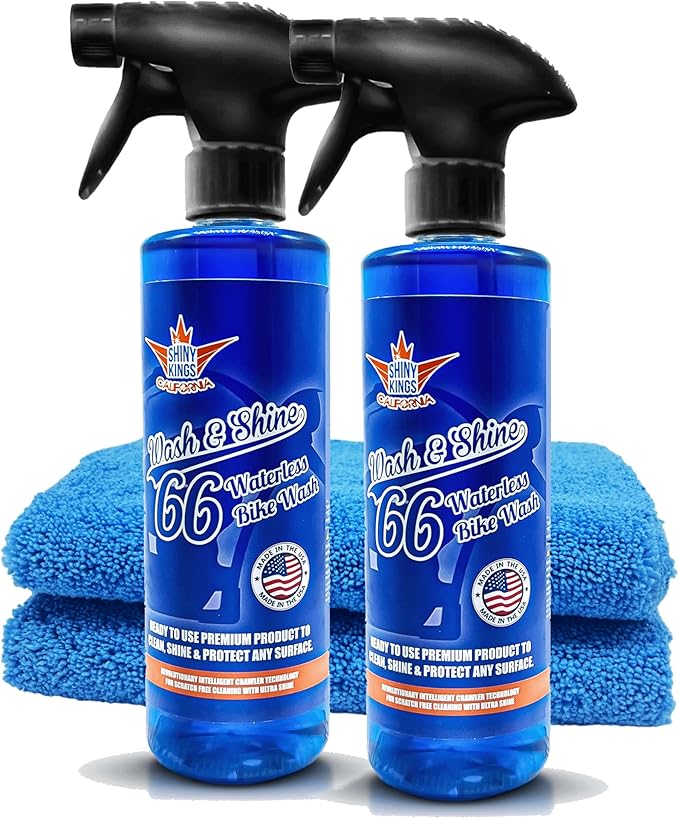 Shinykings Motorcycle Cleaner Wash&Shine 66 | 2x16 fl oz WATERLESS Motorcycle Wash with Ultra Shine Effect | Powerful Detailing Spray for All Surfaces | Motorcycle Cleaning Kit California |