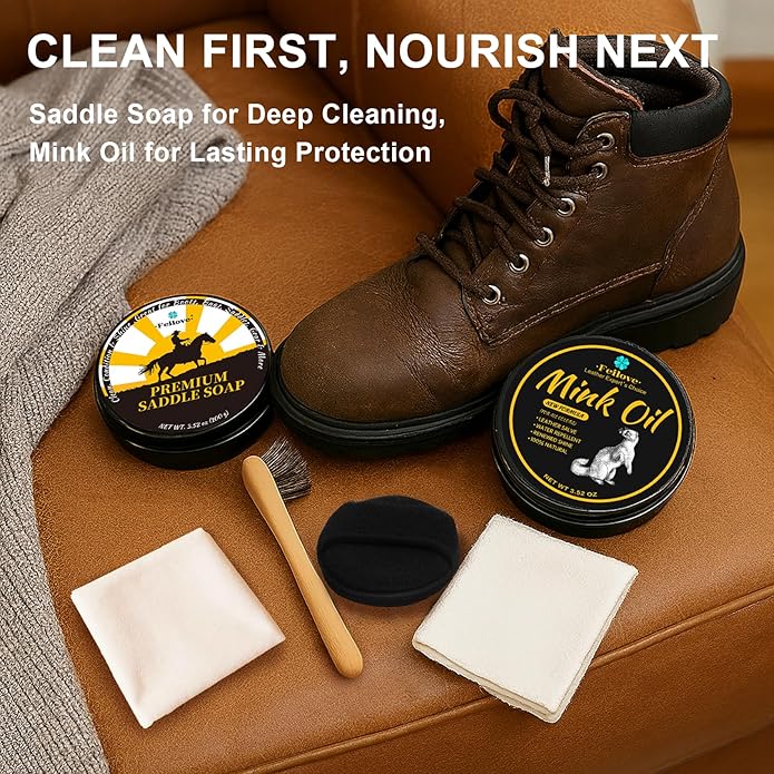Leather Boot Care Kit – 6PCS Mink Oil, Saddle Soap for Leather, Brush, Sponge & Towels – Leather Shoe Care Kit, Boot Cleaning Kit for Cowboy Boots, Work Boots, Bags, Tack, and Car Interiors