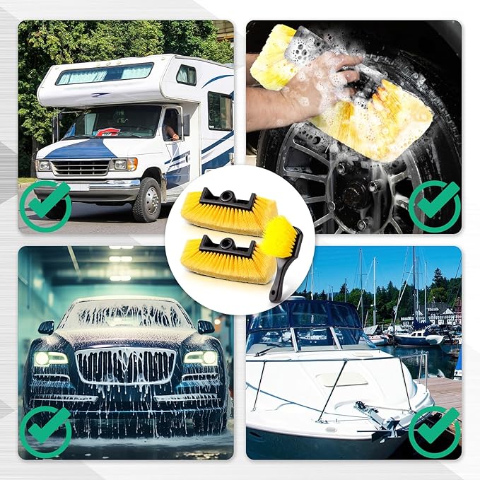 Vesici 2 Pcs 10 Inch Car Wash Brush Head with Soft Detailing Bristle Flow Through Car Cleaning Brush with 1 Pcs Stiff Bristle Wheel Brushes for Car Motorboat Rv Facades of Houses Wheel Carpet (Yellow)