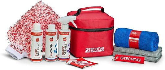 Gtechniq Basic Maintenance Car Care Kit, 6-Piece | Includes Shampoo, Tire Dressing, Detailer, Microfiber Drying Towel, Microfiber Buff Cloths and Kit Bag, Keeps Interior and Exterior Glossy and Clean