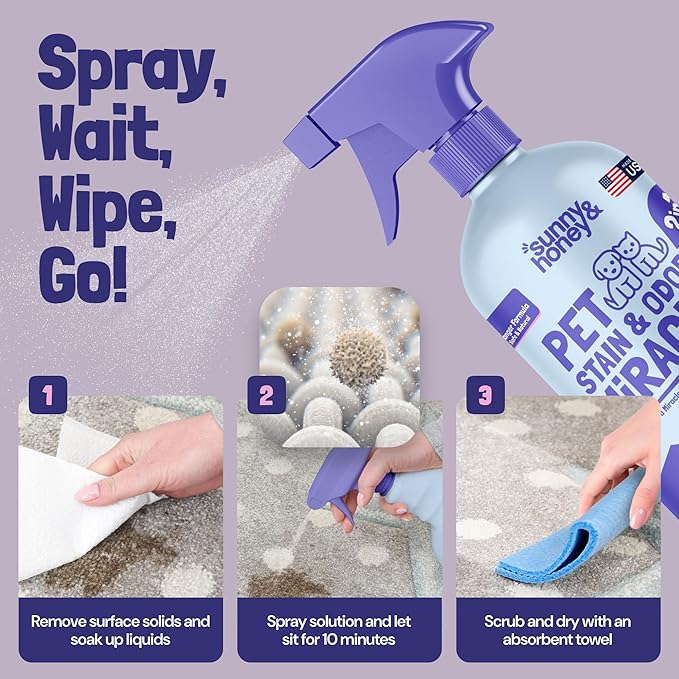 Sunny & Honey Pet Stain & Odor Miracle - 32 Fl Oz, Light Lavender Scent - Carpet Stain Remover & Urine Odor Eliminator - Upholstery Cleaner Spray - Enzyme Formula for Upholstery, Couch & Mattress