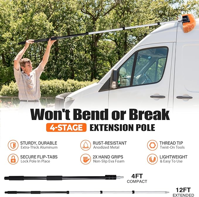 20ft Reach Car Wash Brush with Long Handle-Car Cleaning Kit with 4-12FT Extension Pole, Ultimate RV,Truck Wash Set with Soft Brush, Tire Brush, Window Squeegee, Mitt, Microfiber Cleaning Mop