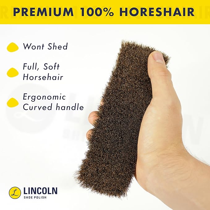 Lincoln Shoe Shine Brush Kit 7 Piece Set – Premium 100% Horsehair Brush Set with 6.7" Shine Brush, 2 Applicators, 2 Shoe Horns & 2 Soft Polish Cloths – Leather Shoe Care Kit for Men & Women