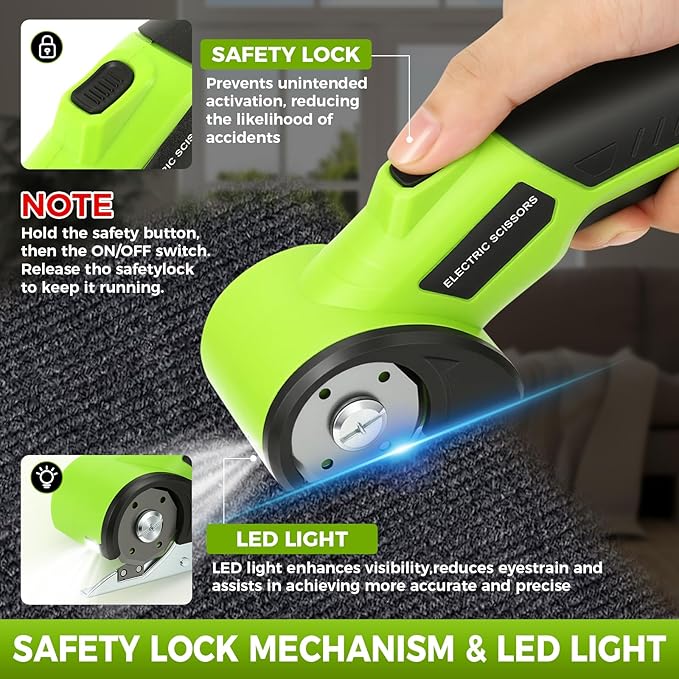 Cordless Cardboard Cutter with Safety Lock & LED – 4V Rechargeable, Extra Blade Included, Electric Box Cutter for Cardboard, Fabric Rotary Cutter for Wrapping Paper, Carpet & Leather