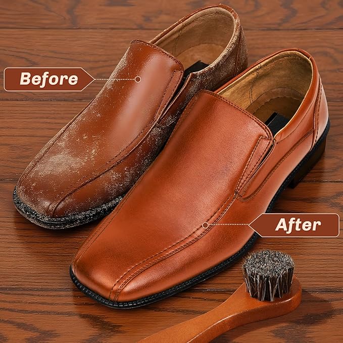 4 Pcs Horsehair Shine Shoes Brush Kit Polish Dauber Applicators Cleaning Leather Shoes Boots Care Brushes Suede Cleaner Brush with Microfiber Shoe Cloth(Brown Handle A)