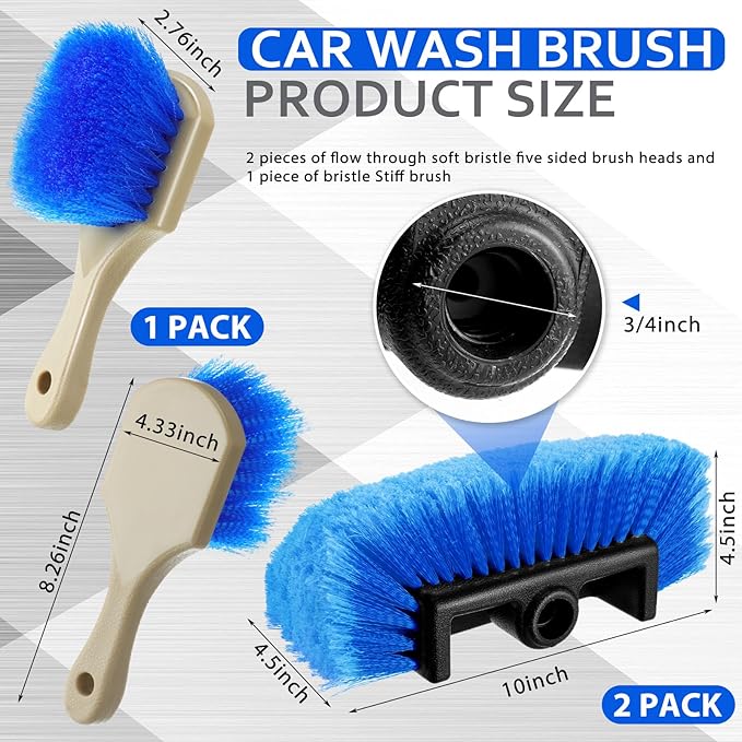 Vesici 2 Pcs 10 Inch Car Wash Brush Head with Soft Detailing Bristle Flow Through Car Cleaning Brush with 1 Pcs Stiff Bristle Wheel Brushes for Motorboat Rv Facades of Houses Wheel Carpet (Blue)