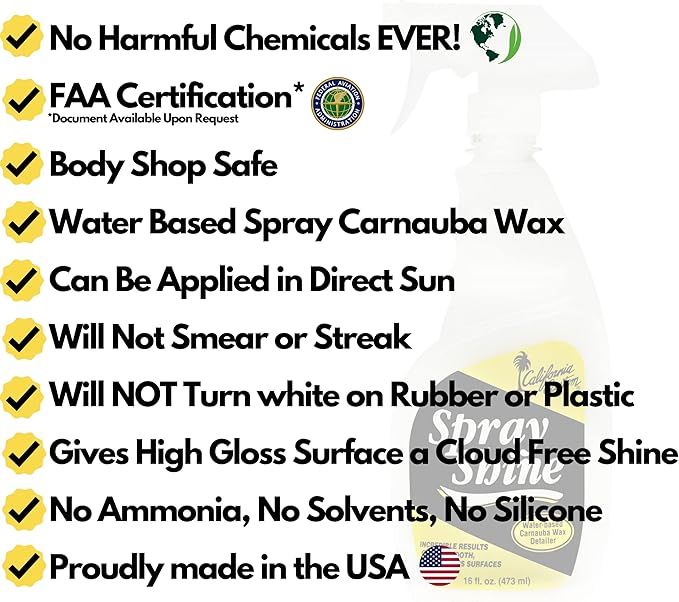 Spray Shine – Quick & Easy Water-Based Instant Detailer with Carnauba Wax, Gloss Finish for Paint, Glass, Plastic, Chrome, Mirror – For Cars, Trucks, Motorcycles, Appliances – 16 oz