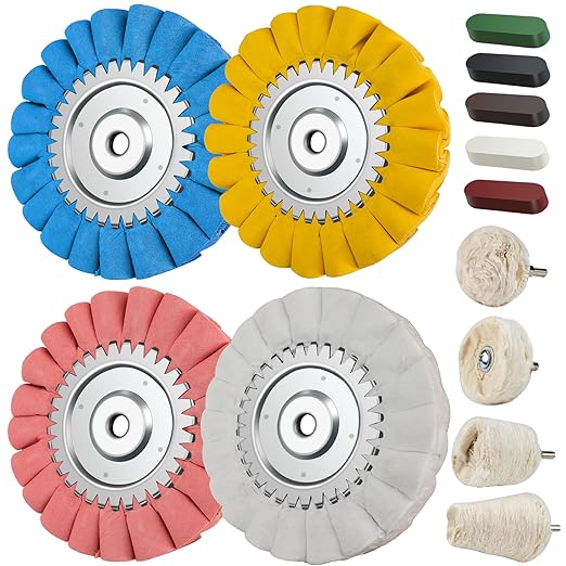 13PCS 8" Airway Buffing Wheel Kit,16-Layer S-Shape Aluminum Metal Polishing Wheel, 5/8" Arbor, 5 Compounds & 4 Detail Wheels for Semi Truck Wheels, Fuel Tanks, Bumpers, Steps & Diamond Plates