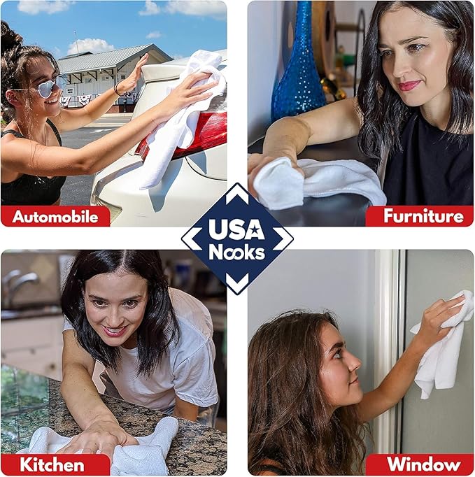 USANOOKS Microfiber Cleaning Cloth - White - 100Pcs (12.5x12.5 inch) High Performance - 1200 Washes, Ultra Absorbent Car Towel Traps Grime & Liquid for Streak-Free Mirror Shine - Car Washing Cloth