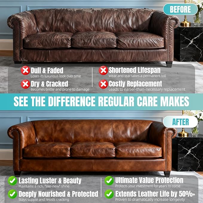 Furniture Salve for Leather - 4oz Professional Furniture Restorer, Polisher & Moisturizer for Couches, Chairs, Tables - Conditioner for Leather, Vinyl & Wood Surfaces - with Brush & Towel