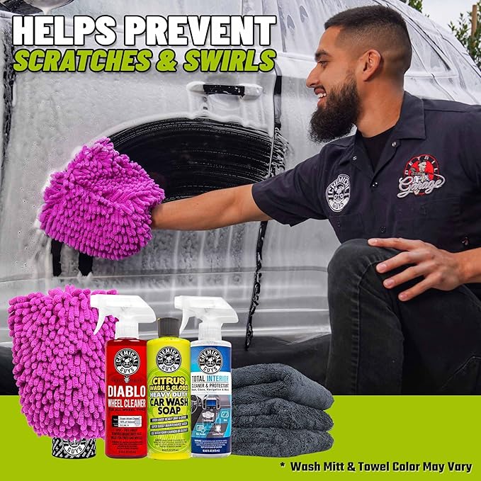 Chemical Guys Car Cleaning Kit - With Car Wash Soap, Wheel Cleaner, Total Interior, Car Wash Mitt - Interior and Exterior Wash Kit With Vehicle Cleaning and Detailing Accessories - 7 Item Kit