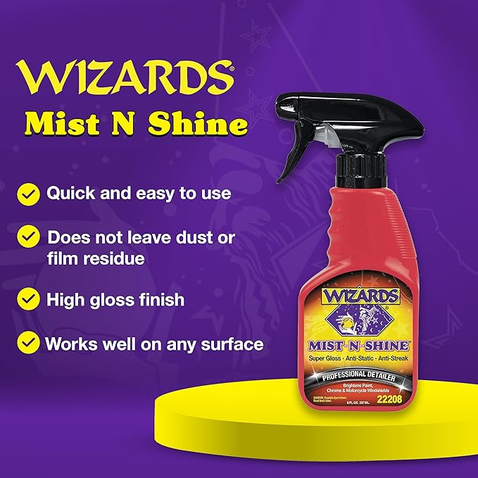 Wizards Mist-N-Shine Detail Spray - 8 Oz - Multi-Purpose High Gloss Finish Waterless Quick Detailer Spray for Glass, Chrome, Paint and Plastics - Car Exterior Cleaner for Auto Detailing Supplies