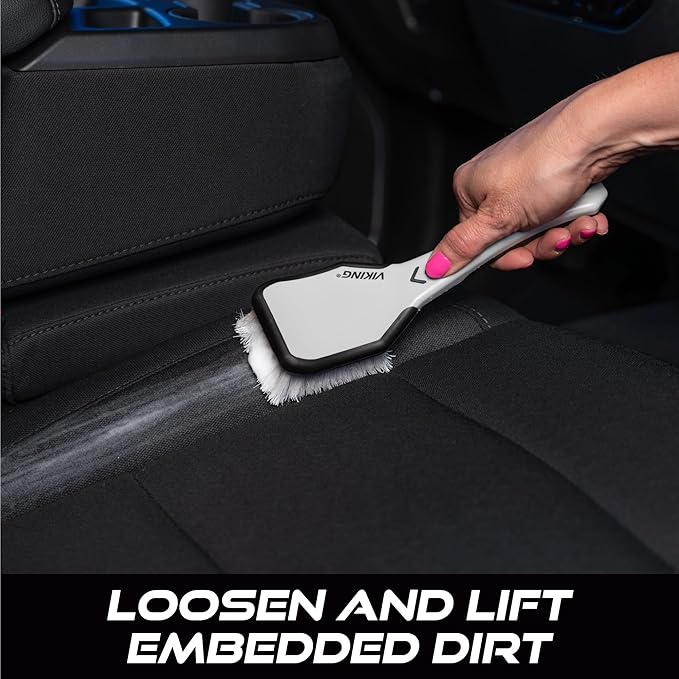 VIKING Upholstery Cleaner Scrub Brush, Cleaning Brush for Seat Covers and Car Detail Kit, Grey with White Bristles, 9.3 x 2.5 x 2.5 inch
