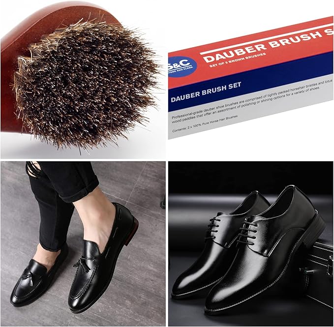 Premium Shoe Polish Brush Set - Horse Hair Brushes, Shoe Polish Applicator for Leather Footwear - Shoe Brushes for Cream & Polish - Made of White Horse Hair & Lotus Wood Handle