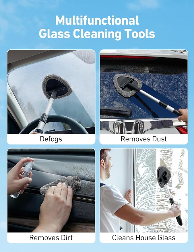 AstroAI Car Windshield Cleaner Tool, Window Cleaning Kit with 39in Car Mirror Squeegee, 4 Reusable Microfiber Pads and Extendable Handle, Gray
